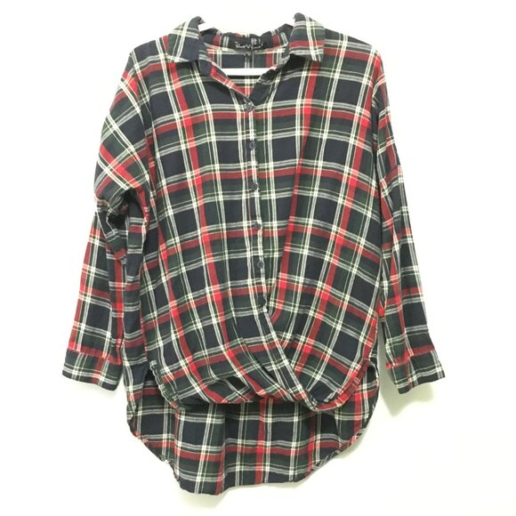 Velvet Heart Red, Navy & White Cotton Plaid Button Down Drophem Shirt - Picture 3 of 15